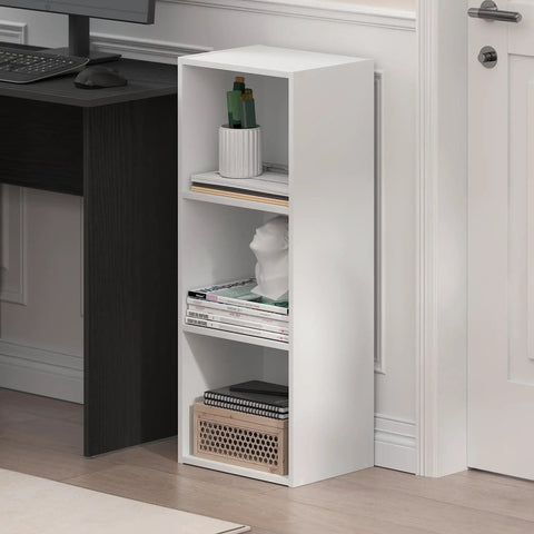 Sleek 3 Cube Bookshelf In White With No Fuss Setup For Living Room Bedroom Or Home Office featuring open shelving and modern decor.