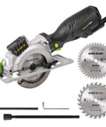 Powerful Compact Circular Saw With Laser Guide, 5.8 Amp, 3500 RPM shown with blades, vacuum adapter, rip guide, wrench