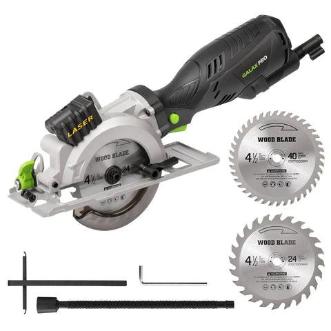 Powerful Compact Circular Saw With Laser Guide, 5.8 Amp, 3500 RPM shown with blades, vacuum adapter, rip guide, wrench