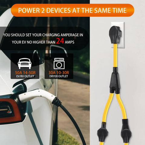 Gotta Charge Both Ride And Rig With This 30 Amp Dryer Y Splitter showing Y splitter connected to EV and dryer outlets.