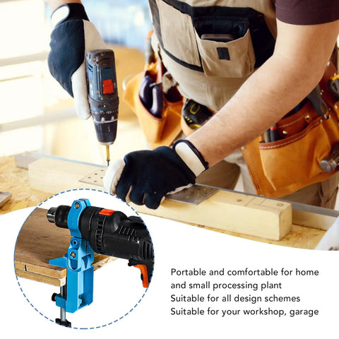Premium Adjustable Bench Drill Stand Mount Featuring 360 Swivel Head in use, showcasing electric drill on workshop table.