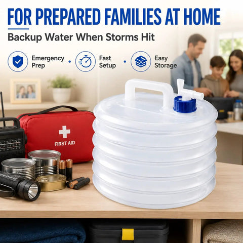Collapsible Water Container With Spigot For Camping, RV, Hiking, Travel, And Emergency Prep next to emergency supplies