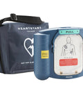 Front view of Philips HeartStart AED trainer in blue with zippered carry case (training use)