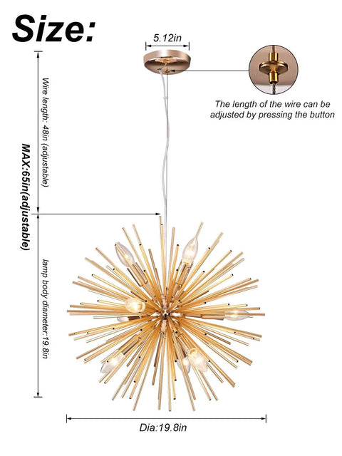Gold Sputnik Pendant Light Fixture With 9 Lights Dope Modern Farmhouse Chandelier For Kitchen Island And Dining Room Aluminum Ceiling Hanging Light 19.8 Inch Diameter, detailed size chart.