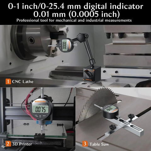 Digital Dial Indicator 0 to 1 Inch 25.4 mm High Resolution 0.0005 Inch 0.01 mm Electronic Probe in CNC and Table Saw