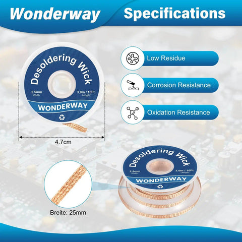 Pro Grade No Clean Solder Flux For Zero Residue Plus Desoldering Wick Kit 25mm Copper Braid Electronics Repair, blue label spool