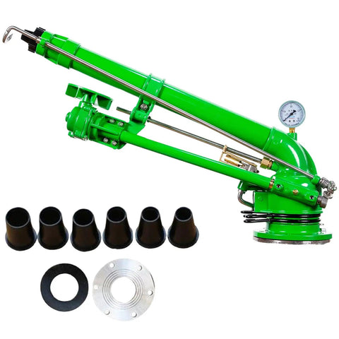 2-Inch Impact Sprinkler With Pressure Gauge For Farm Irrigation, 360 Degree Coverage shown with flange and connectors