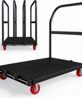 Rugged 2000 Lb Capacity Platform Cart With Steel Flatbed 2 In 1 Design For Warehouse Hauling And Factory Moves A Real Workhorse For Moving Heavy Loads Fast And Safely. Black steel platform cart with red casters, shown front and side view.