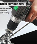 Heavy Duty Titanium Drill Nibbler Sheet Metal Cutter in use, cutting a sheet of metal with a drill for clean edges.