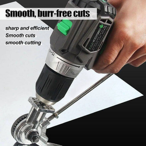 Heavy Duty Titanium Drill Nibbler Sheet Metal Cutter in use, cutting a sheet of metal with a drill for clean edges.