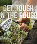 Golfer holding Desert Club Iron Shield For Golfers Swing Freely From Bad Lies Without Dingin Your Pricy Irons Right Hand Steel Shaft