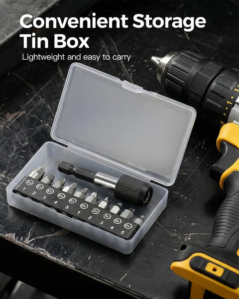 11 Piece Screw Extractor Set With Self Locking Extension Rod Fix Stripped And Damaged Screws Fast in open tin box