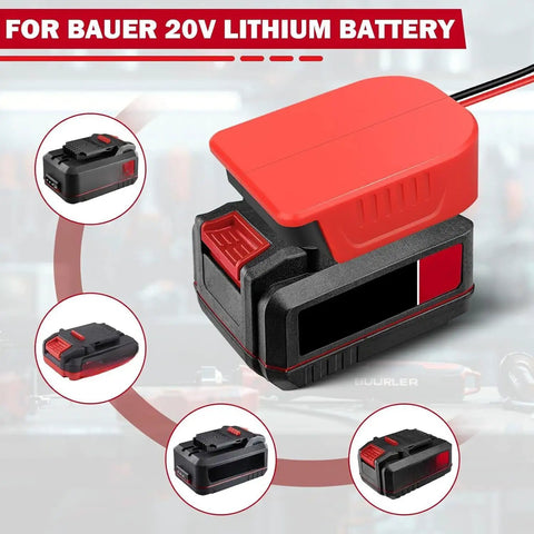 Close-up of jumper cable clamps kit with 20V battery connector, black and red weatherproof ABS housing visible