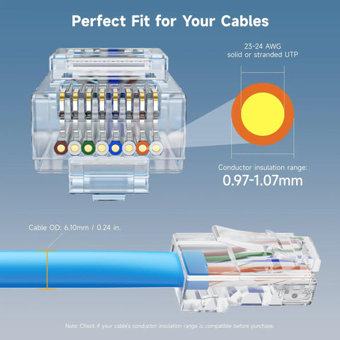 Diagram of Cat6 Pass Through RJ45 Connectors 100 Pack Gold Plated 50 Micron for Solid or Stranded UTP Ethernet Cable 23-24 AWG