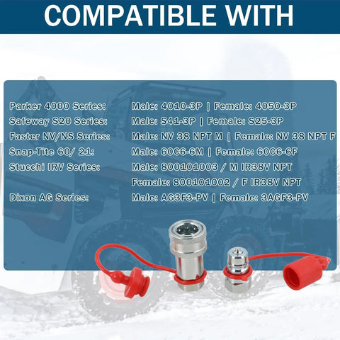 Image showing a Three Eighths NPT Ag Hydraulic Quick Connect Coupler ISO 5675 Poppet Pioneer Style Tractor Coupler With Dust Caps, compatible series listed.