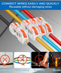 Tough Orange Lever Wire Connectors 100 Piece Slick Push Terminal Block Kit for 28 to 12 Gauge wiring showing multiple color wires connected.