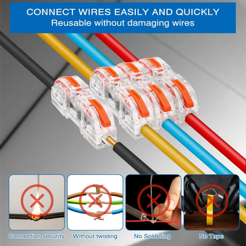 Tough Orange Lever Wire Connectors 100 Piece Slick Push Terminal Block Kit for 28 to 12 Gauge wiring showing multiple color wires connected.