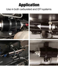 Inline Fuel Filter 100 Micron With 6AN 8AN 10AN Adapters And Bracket Clamp installed in car engine bay
