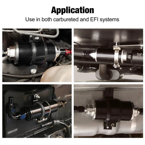 Inline Fuel Filter 100 Micron With 6AN 8AN 10AN Adapters And Bracket Clamp installed in car engine bay