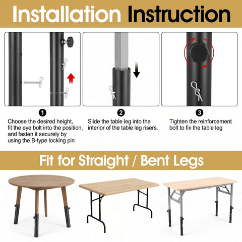 Installation instructions for Hella Sturdy 4 Pack Table Leg Extender Adjustable Steel Desk Risers, fit for straight or bent legs.