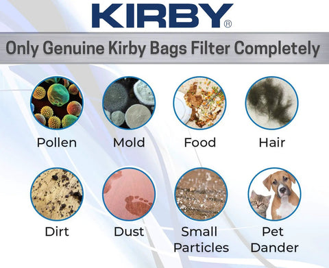 Infographic showing particles filtered by Gen 3 Vacuum Bags 197289 Genuine OEM Disposable Paper Filter Bags for Kirby vacuums