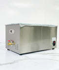 Pro Grade Heavy Duty Ultrasonic Cleaner With 30 Liter Heated Wash Tank and 600W Deep Soak Degreaser, stainless steel side view.