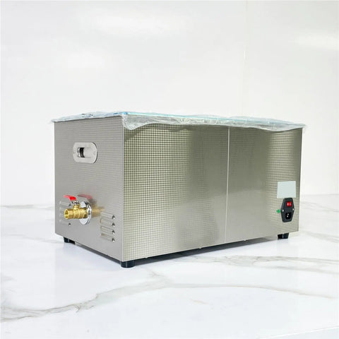 Pro Grade Heavy Duty Ultrasonic Cleaner With 30 Liter Heated Wash Tank and 600W Deep Soak Degreaser, stainless steel side view.