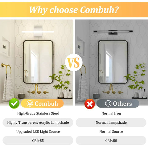 Comparison of Modern Vanity Light Above Mirror 16 Inch 9W Soft Shadow Free Chrome Finish vs normal iron lamp in bathroom setting