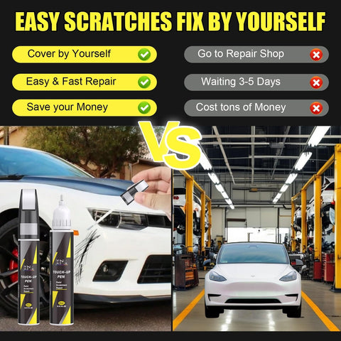 Comparison of Quicksilver PN00 Touch Up Paint Pen And Brush Kit for Tesla with repair shop, showing DIY versus cost and time.