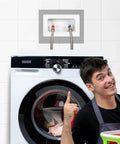 Washing Machine Outlet Box ABS Faceplate Replacement One Piece White Plastic Cover Durable ABS Construction with person pointing