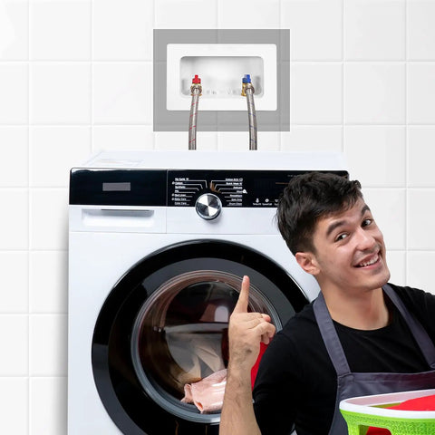 Washing Machine Outlet Box ABS Faceplate Replacement One Piece White Plastic Cover Durable ABS Construction with person pointing
