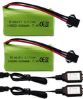7.4V 2S 600mAh RC Battery With SM-3P Plug And Cable, 4.44Wh, 10C Discharge, lightweight LiPo pack showing batteries and USB cables