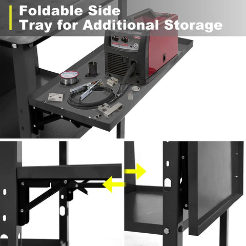 Foldable side tray on 36 By 24 Inch Welding Table With Rolling Cart Heavy Duty Steel Workbench featuring welding tools and fixture holes.