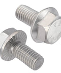 Heavy Duty 304 Stainless Steel M6 X 1.0 X 12Mm Flanged Hex Head Bolts Fully Threaded Silver External Flange Screws Hella Tough 60 Piece Automotive DIY Fastener Set close-up showing flanged bolts.