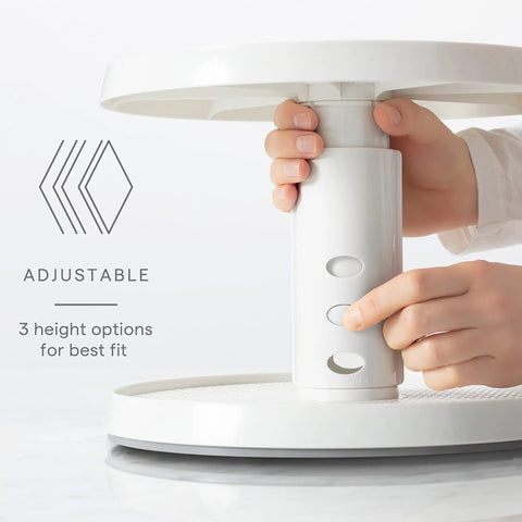 Game Changer Two Tier Height Adjustable Lazy Susan Turntable with 3 height options for pantry organization in white.