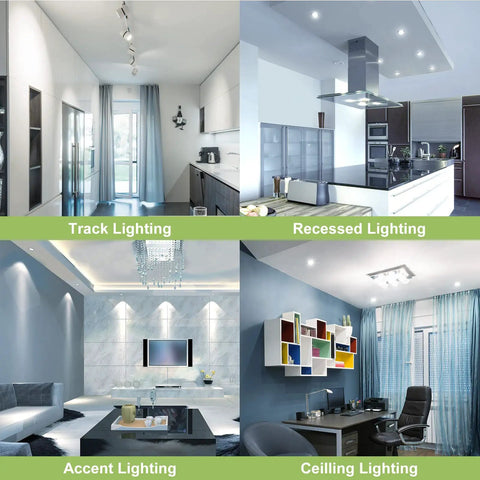 Four images showing different lighting setups using GU10 Dimmable LED Bulbs Daylight 5000K Four Point Five Watt 450 Lumen MR16 Style Spotlight.