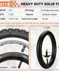 Two Pack Kids Bike Tire Set, 12 And 12.5 Inch Folding Replacement Tires With Tubes, Levers, showing synthetic rubber and dimensions