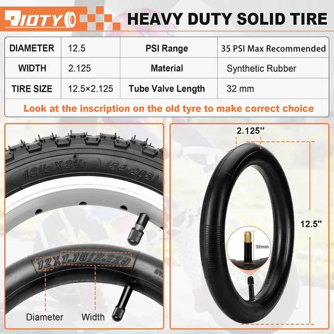 Two Pack Kids Bike Tire Set, 12 And 12.5 Inch Folding Replacement Tires With Tubes, Levers, showing synthetic rubber and dimensions