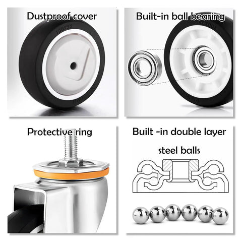 Heavy Duty Caster Wheels With Brakes For Furniture, Workbench And Cart, Smooth PU Swivel Plate Casters With Double Ball Bearings