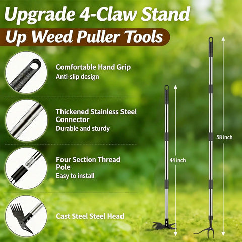 58-Inch Stand Up Weed Puller Tool With Long Handle 2-In-1 Manual Weeder And Garden Hoe With 4-Claw Steel Head For Easy Root Removal