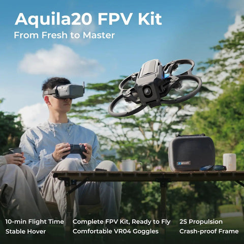 Person using Aquila20 FPV Kit With LiteRadio 4 SE Transmitter And VR04 Goggles, drone flying outdoors.