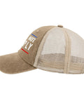 Side view of Standout Women's Golf Trucker Cap With Adjustable Buckle All Season Comfort Fashionable Sun Shield Hat For Casual Outings Custom Design Fits Most Heads Keeps You Looking Fly in khaki with mesh back.