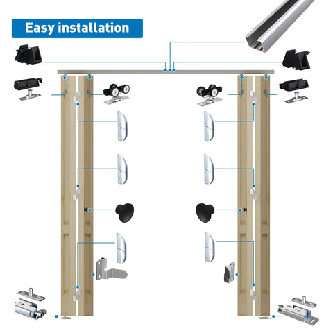 Diagram of 72 Inch Aluminum Bifold Closet Door Hardware Kit For Four Doors, BiFold Barn Door Track Top Mounted, parts layout