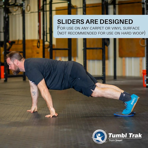 Man using Blue Carpet Sliders Small Pair With Comfortable Top For A Smooth Glide On Carpet Floors 9 Inch Training Sliders for planks