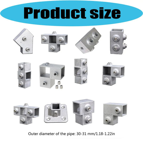 Heavy Duty Three Way Elbow Pipe Connector For Industrial Shelving And Fence Rails Made Of Super Strong Aluminum Alloy For Solid DIY Storage Build, showing various connector sizes and types.
