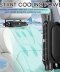 Portable Car Headrest Cooling Fan With 3 Speed USB Power Rear Seat Air Blower Adjustable Angle in car interior.