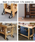 Heavy Duty Retractable Casters With Foot Tap Release, smooth polyurethane wheels under workbenches in various setups.