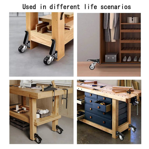 Heavy Duty Retractable Casters With Foot Tap Release, smooth polyurethane wheels under workbenches in various setups.