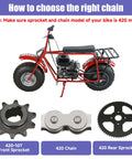 Mini bike with 420 model sprocket and chain parts, showing 10T front sprocket and 420 rear sprocket with 60 Tooth Sprocket 420 Mini Bike Chain Kit Replacement For Coleman CT200U CT200UEX BT200X Baja Warrior Massimo MB200 Axis M200 Predator 212cc 196cc 6.5HP Engine Clutch Chain Kit.