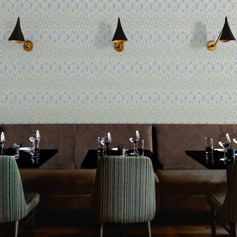 Next Level Ikat Stripes Faux Vinyl Wallpaper With Durable Subtle Leather Grain Finish engineered for bustling commercial dining space.
